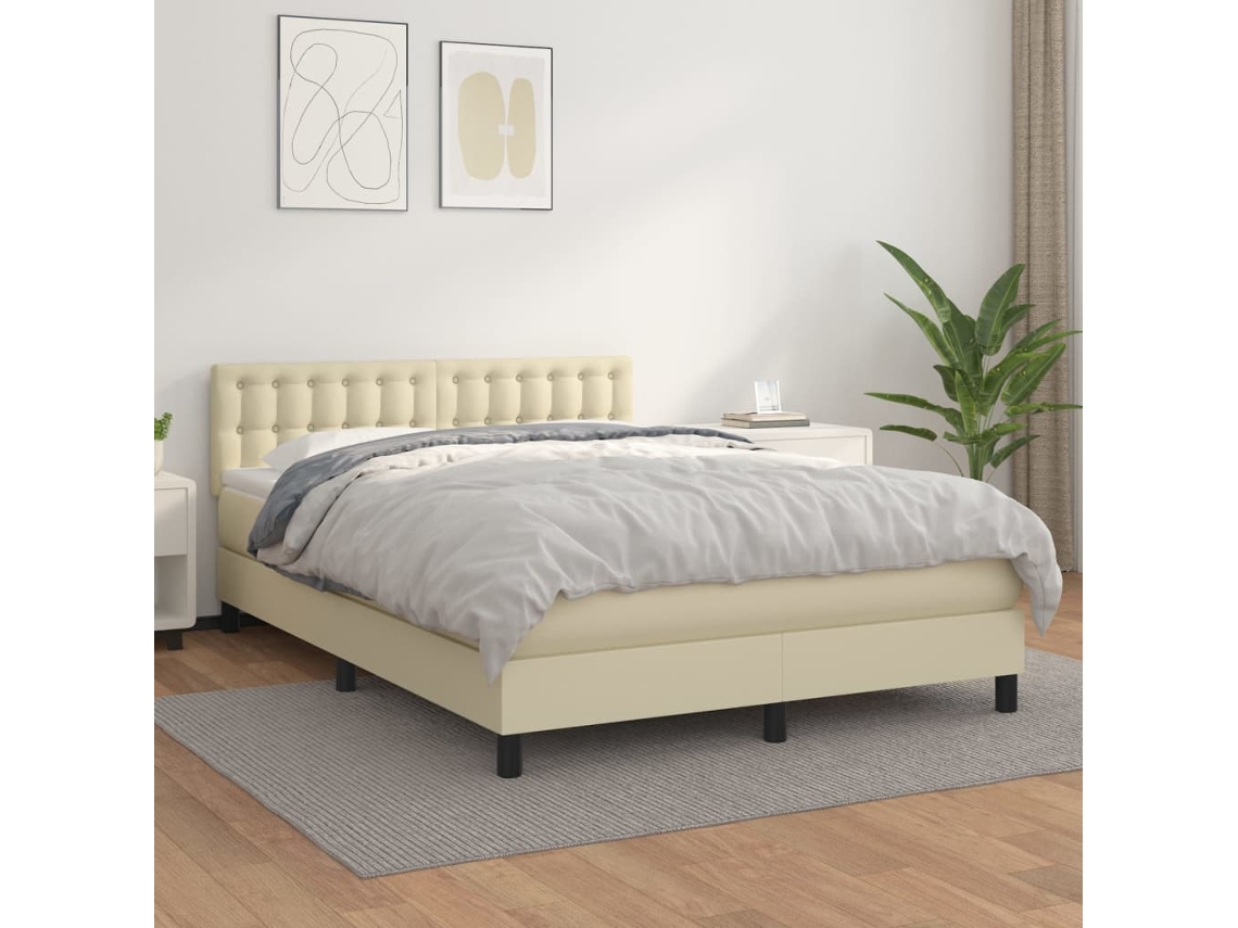 Vidaxl Cama Com Molas/colchão 140x200 Cm Couro Artificial Cor Creme