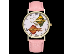 Relógio de quartzo unissex casual e moderno com pulseira de couro rosa.