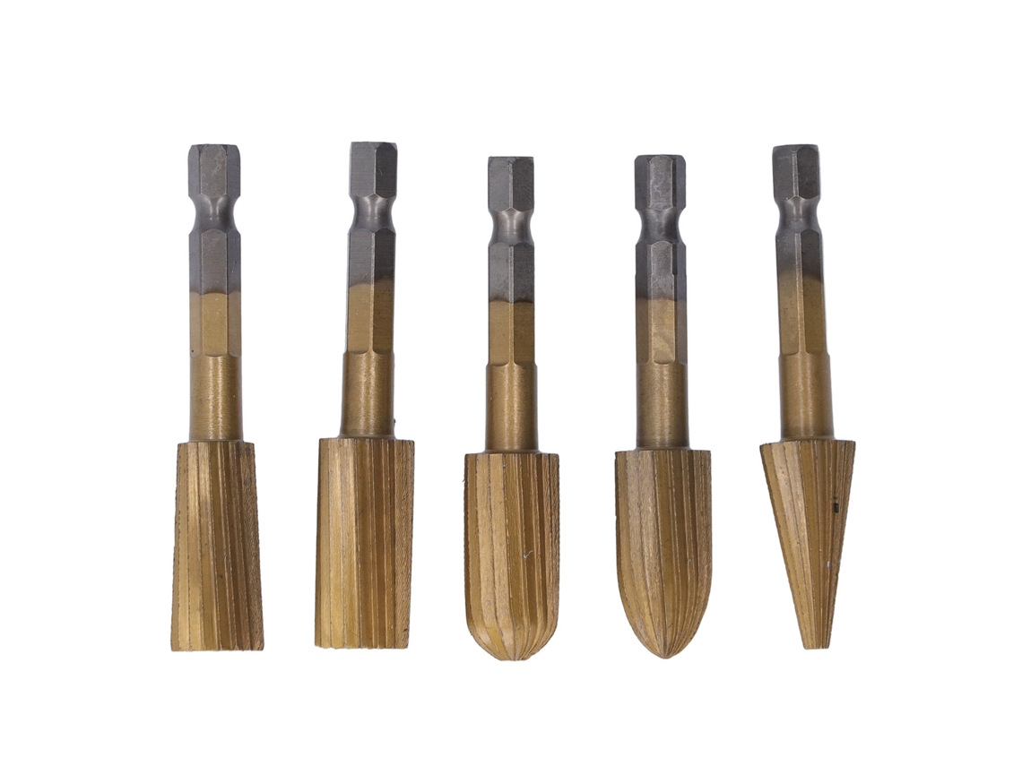Conjunto de 5 brocas rotativas de aço rápido com encaixe hexagonal para plástico e pedra.
