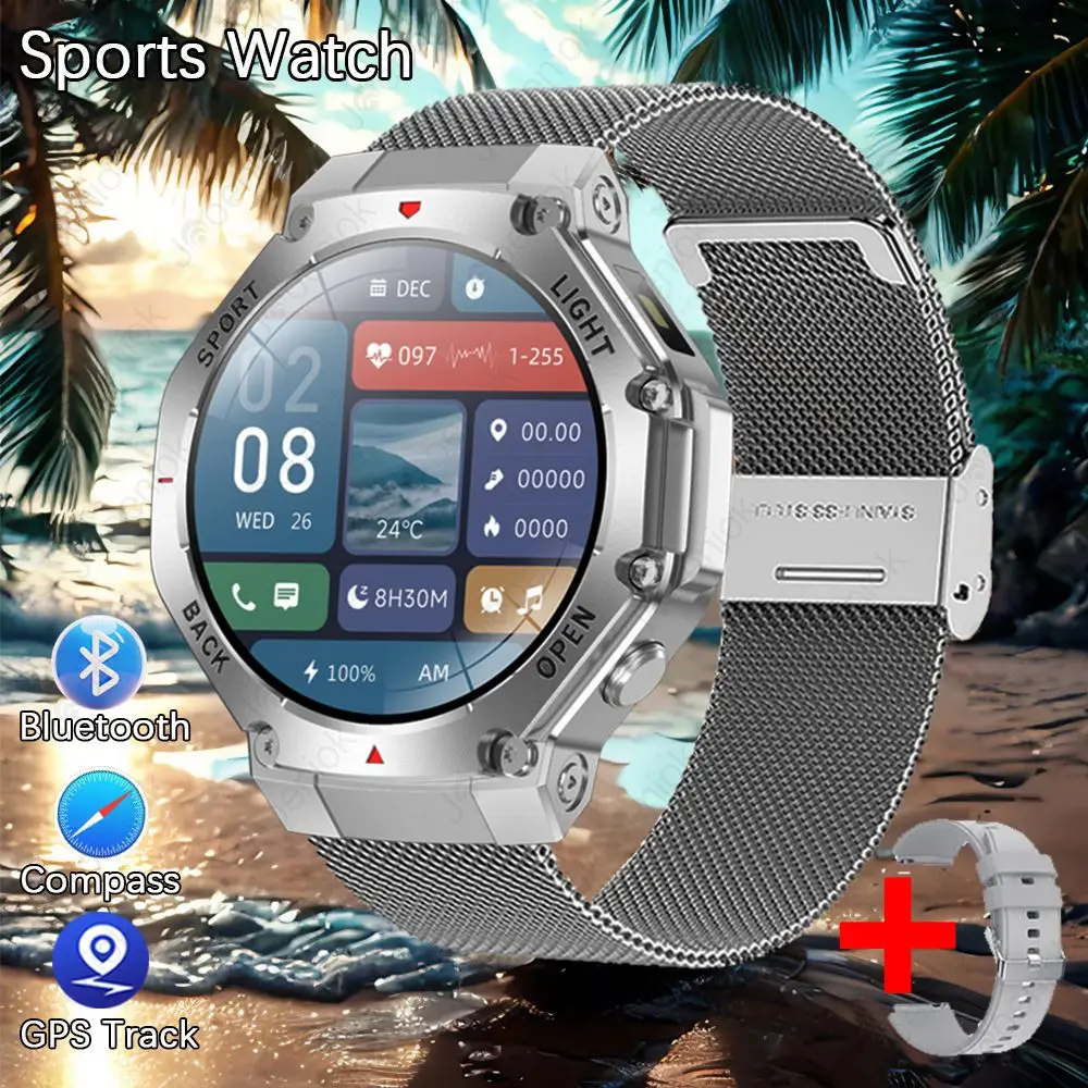 Smartwatch com Gps, Tela de Ultra alta Definição, Bússola, À Prova D'água, Chamadas Bluetooth MDUG (pulseira de Malha Prateada)