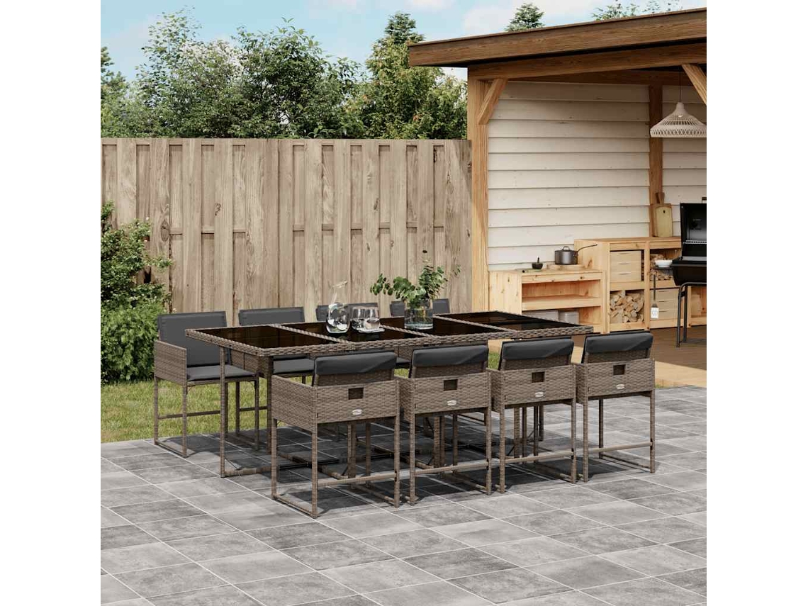Vidaxl 9 Pcs Conjunto De Jantar P/ Jardim C/ Almofadões Vime Pe Cinza