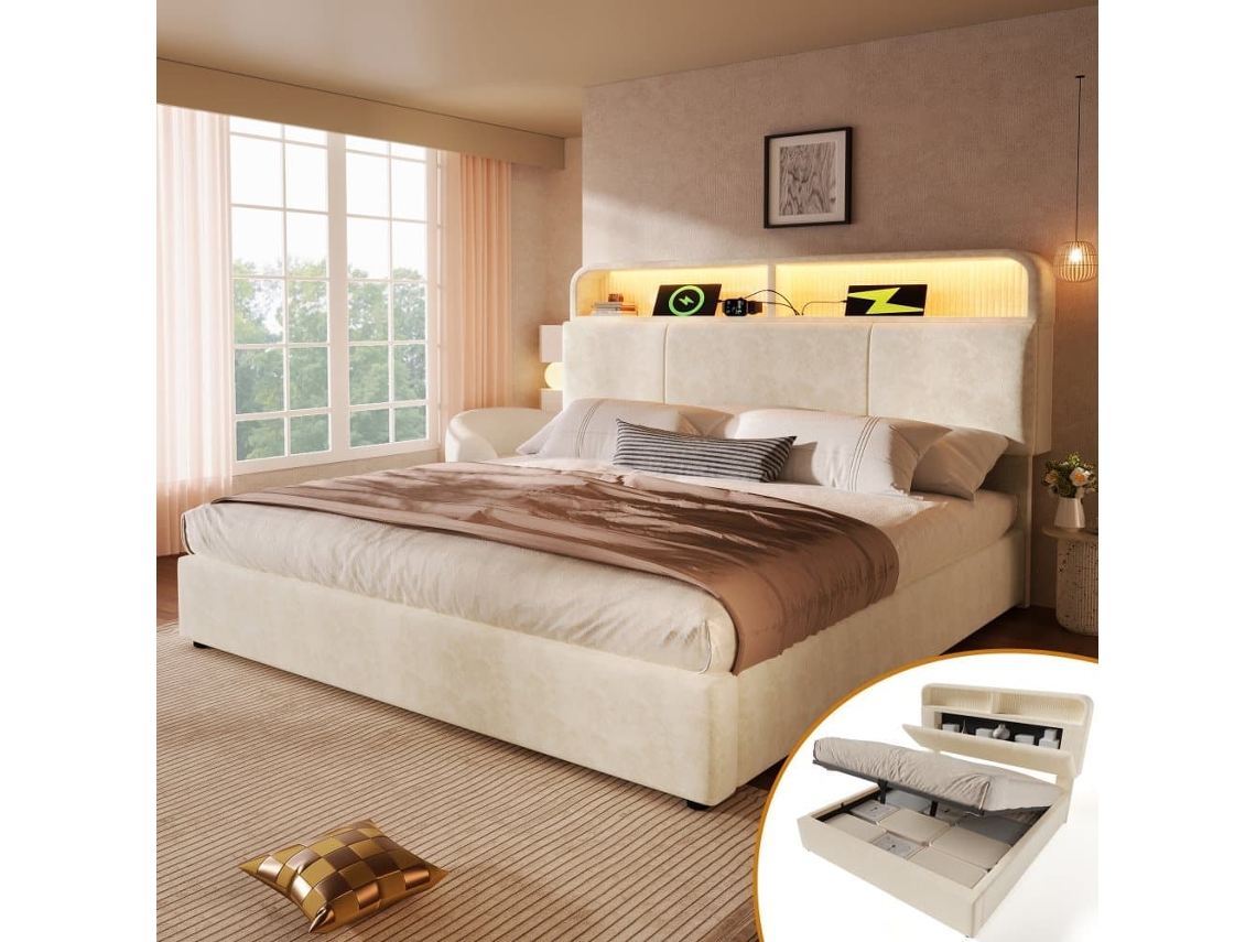 Cama Estofada 160x200 Cm - Cabeceira Com Arrumação Ajustável, Cama Hidráulica Com Led E Estação De Carregamento Usb/type-c - Bege