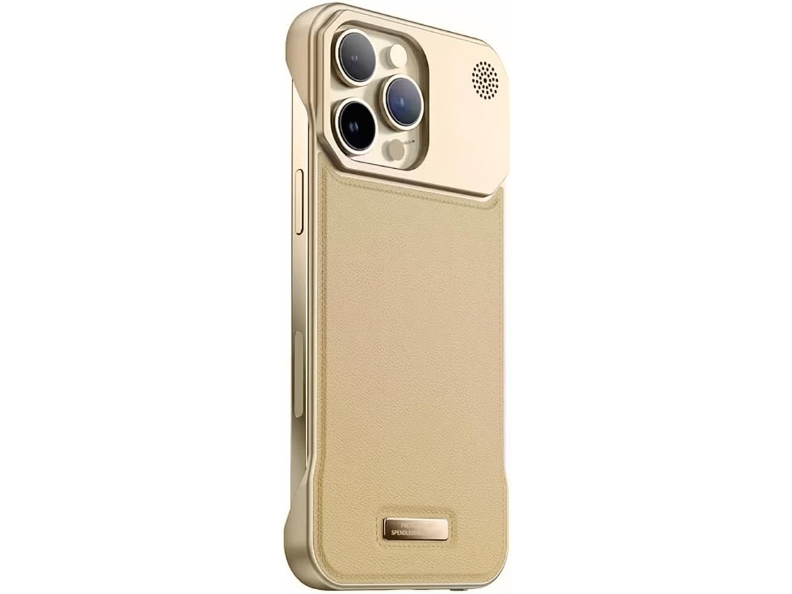 Capa Magnética Com Revestimento De Couro E Borda Metálica Para Iphone 15 Pro Max, Dourada
