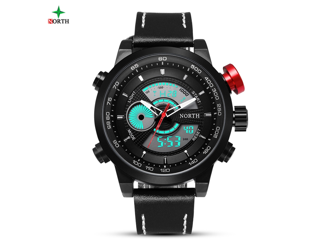 Relógio de pulso redondo de quartzo com visor digital e analógico, pulseira de couro (mostrador preto)