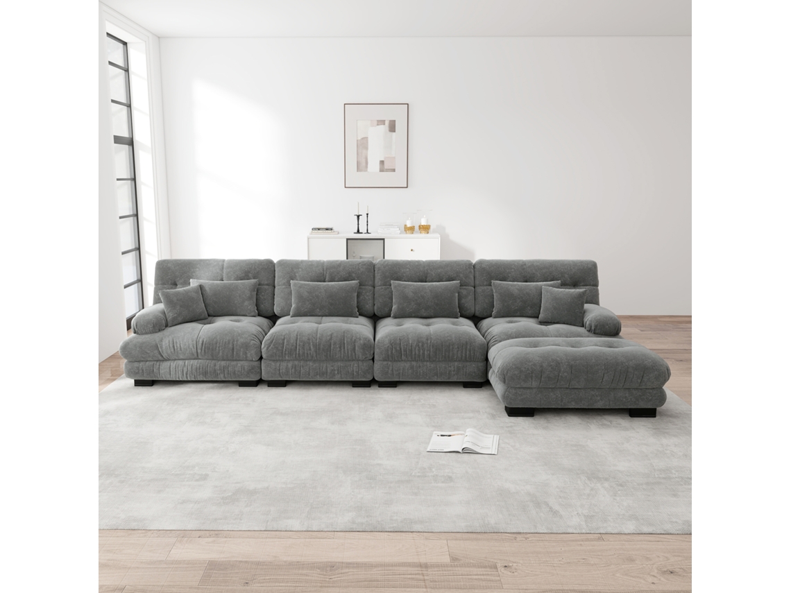 Sofá Modular De 4 Lugares Em Forma De L, Com Otomano Móvel E Combinação Diy Chenille Cinzento Mobrio