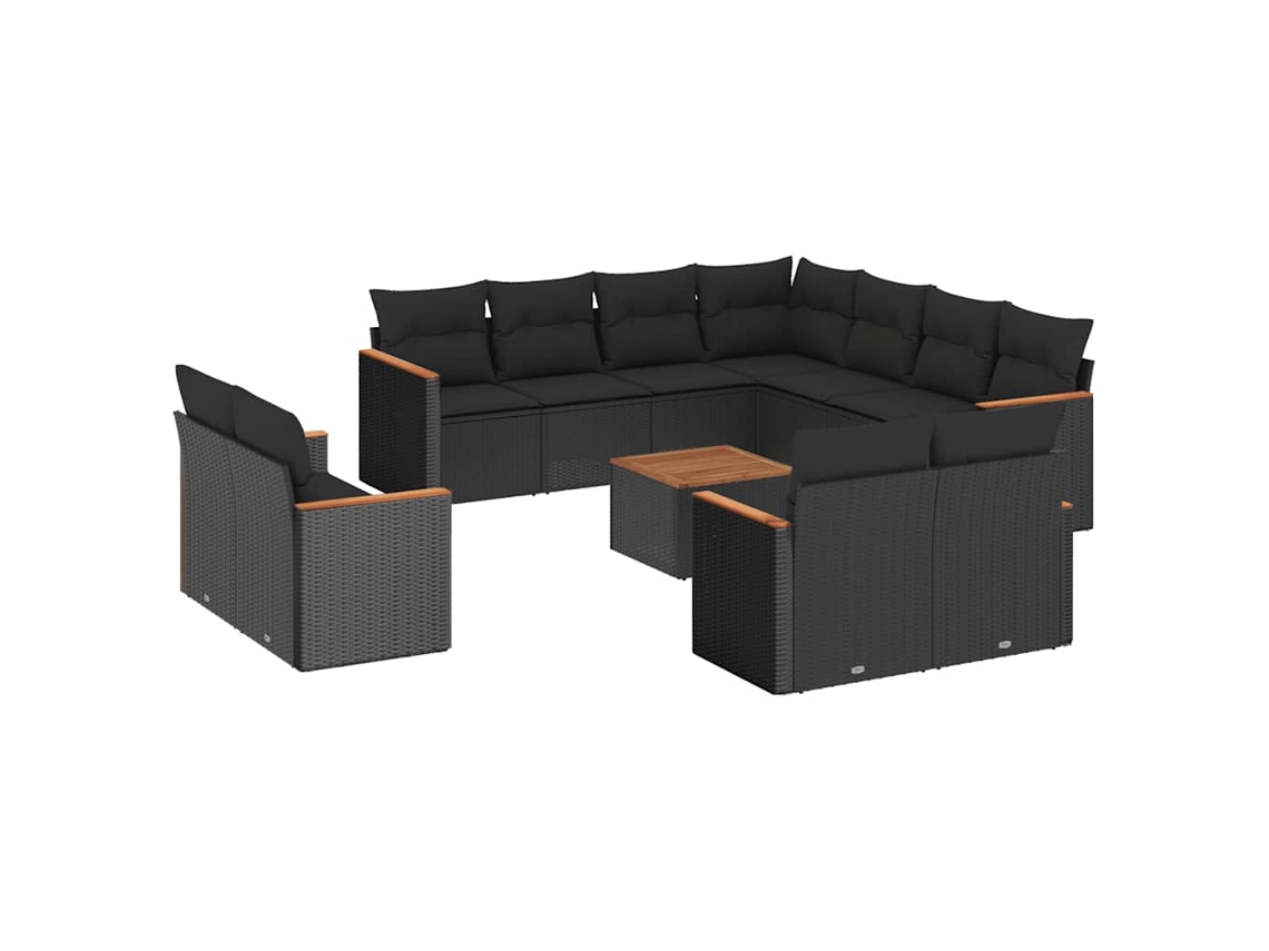 Conjunto de 12 Sofás de Jardim com Almofadões Vime Pe Preto MAISON EXCLUSIVE