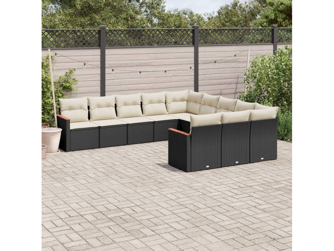 11 Pcs Conjunto Sofás De Jardim C/ Almofadões Vime Pe Preto Dkd Home Decor