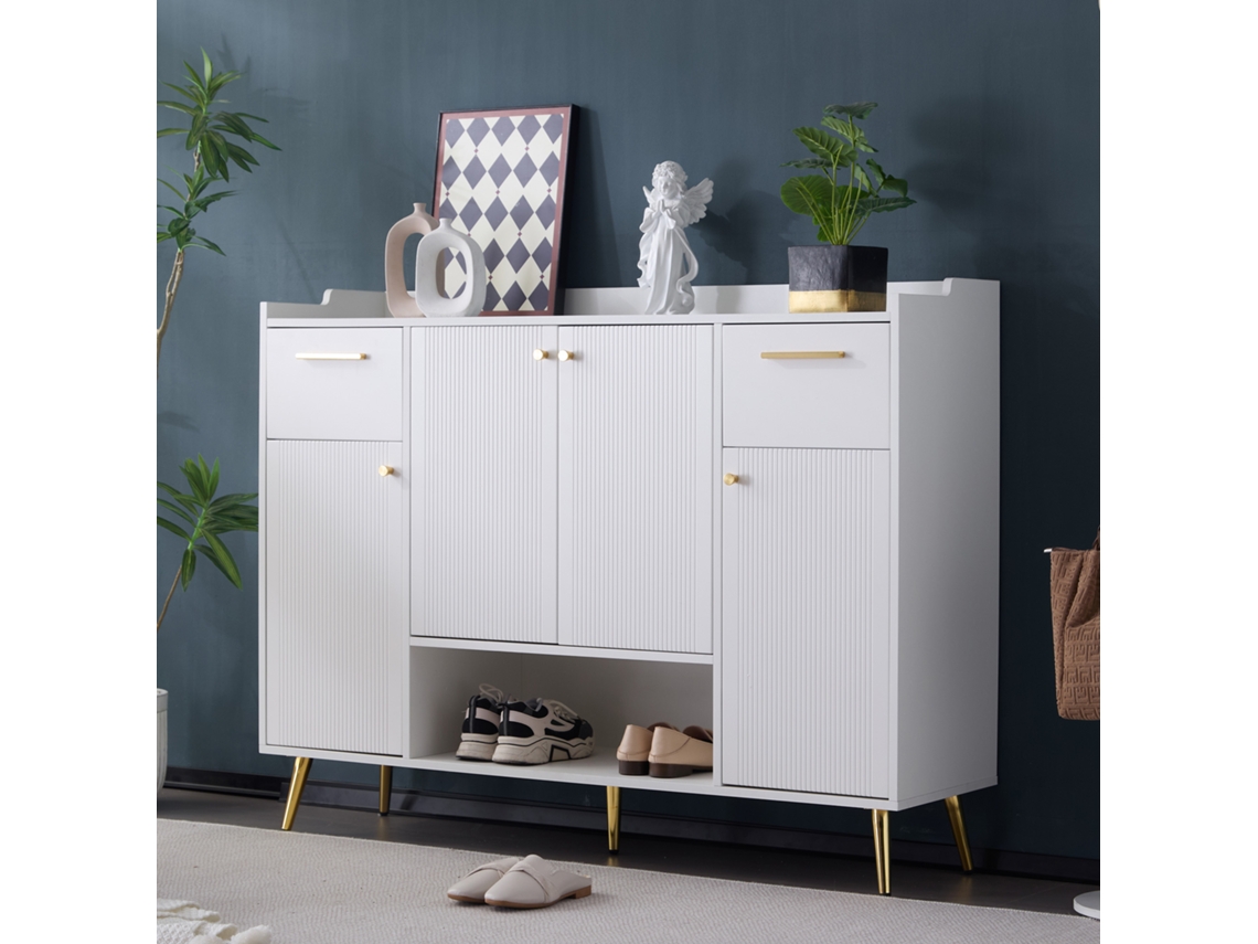 Armário Para Sapatos, Sapateiro Com 2 Gavetas E 4 Portas, Pés De Metal, Dimensões: W130/w37/h100, Branco-xm