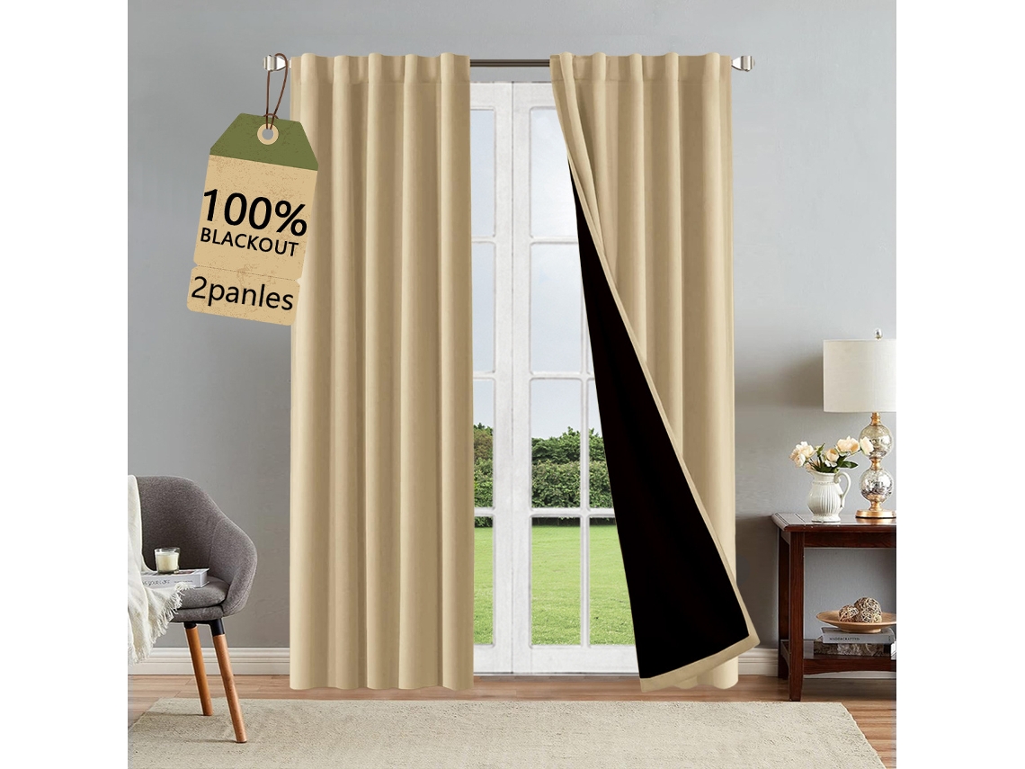 Cortinas Blackout Para Sala De Estar, Cortinas Com Isolamento Térmico E Forro Preto, Ideais Para Portas De Varanda, Kit Com 2 Peças, Bege 132x213 Cm