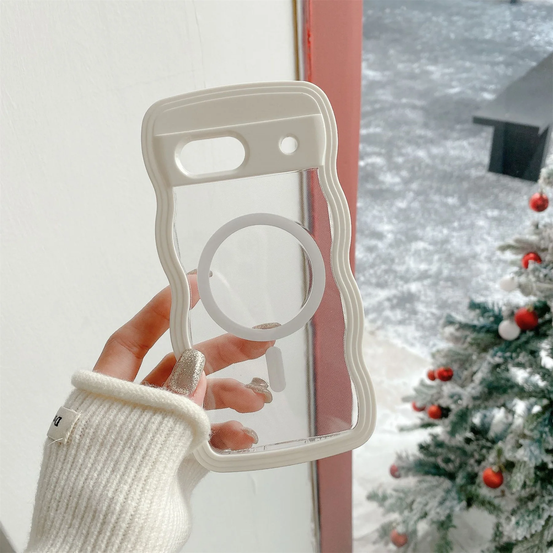Capa Para Celular Com Carregamento Sem Fio Magnético (pixel 7a Branco), Transparente Com Textura Ondulada.