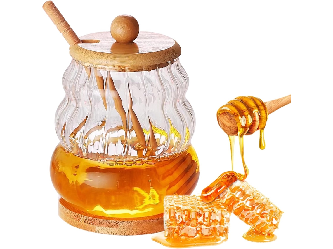 Pote Mel Com Tampa – Frasco Armazenamento – Com Colher – Recipiente Vidro Hermético – 400 Ml – Transparente