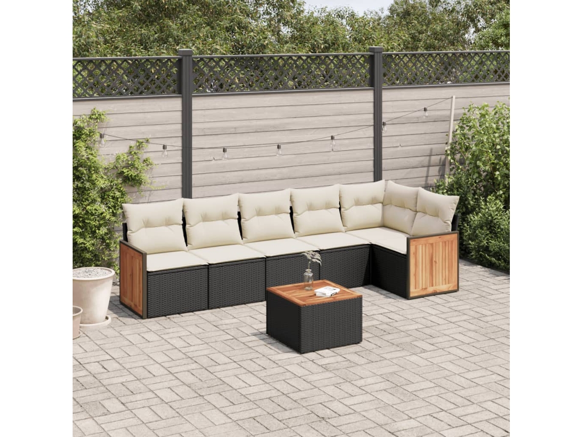 Vidaxl 7 Pcs Conjunto De Sofás P/ Jardim C/ Almofadões Vime Pe Preto
