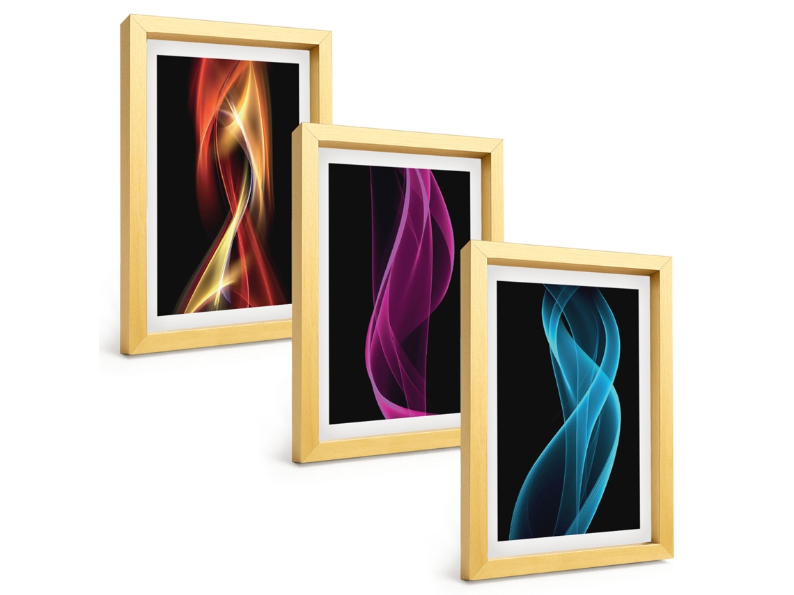 Composição De Quadros Ondas, Linhas Neon, Fundo Escuro Espelharte (3 Peças 20x30 Cm)