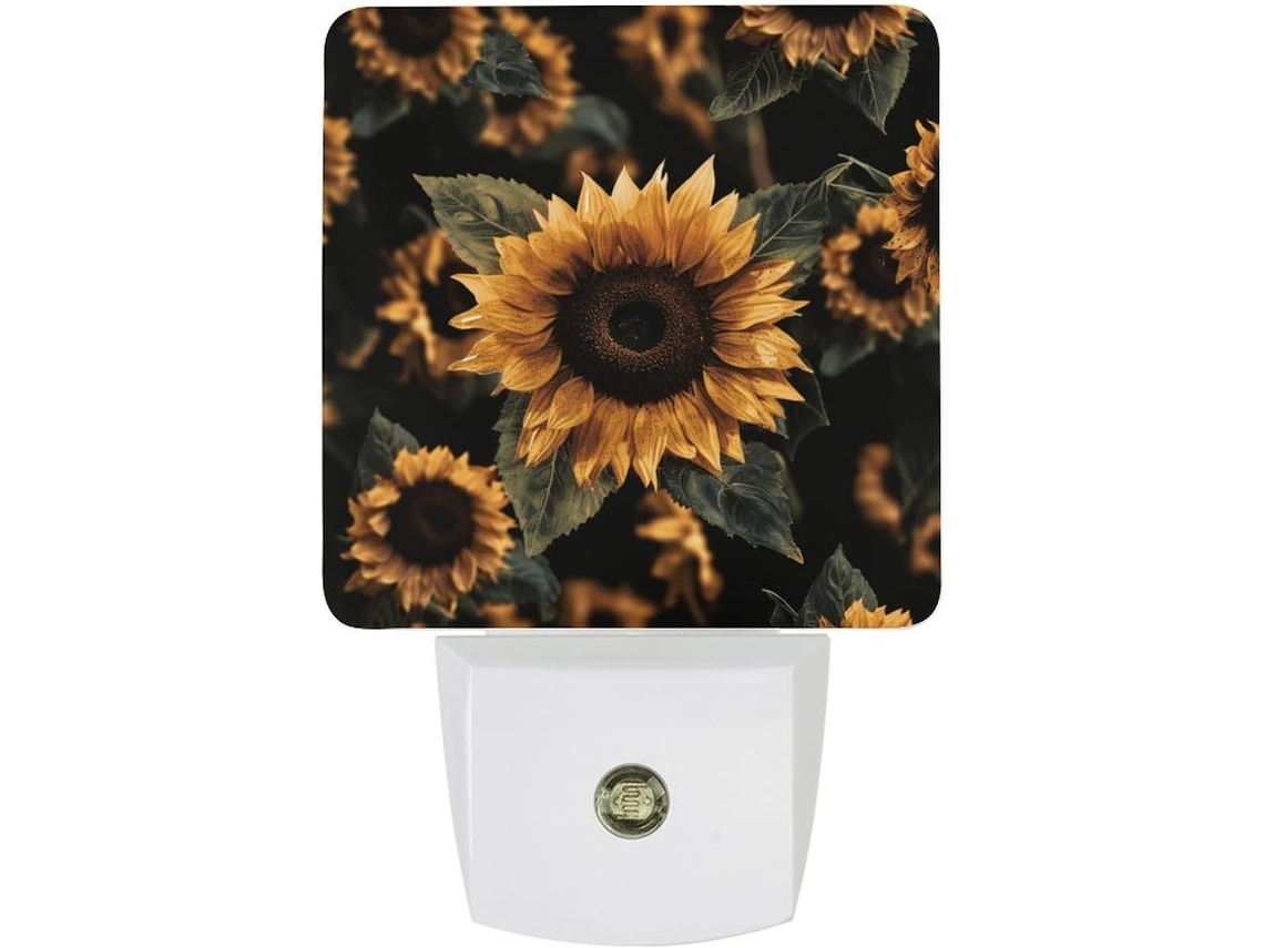 Tomada Luz Noturna Led com Design Girassol E Folhas Marrons, Sensor Crepuscular, Tomada de Parede, Luz Noturna