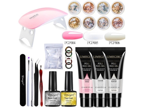 Kit de acrílico com lâmpada, kit de extensão de unhas em gel, 8 cores, glitter, kit de manicure Limegirl