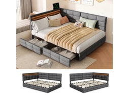 Sofá-cama Em Forma De L, 140x200cm, Com Porta Usb Para Carregamento, Led, Estrutura De Cama Com Gavetas, Linho,cinza, Rosahqnda