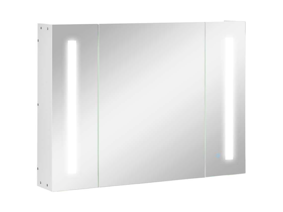 Armário De Banheiro Com Espelho, 3 Armários, 3 Prateleiras E Luz Led, 90x15x65 Cm, Branco.