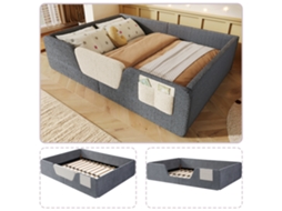 Cama Estofada 140x190 Grade Removível Bolsa Armazenamento Veludo Cinza