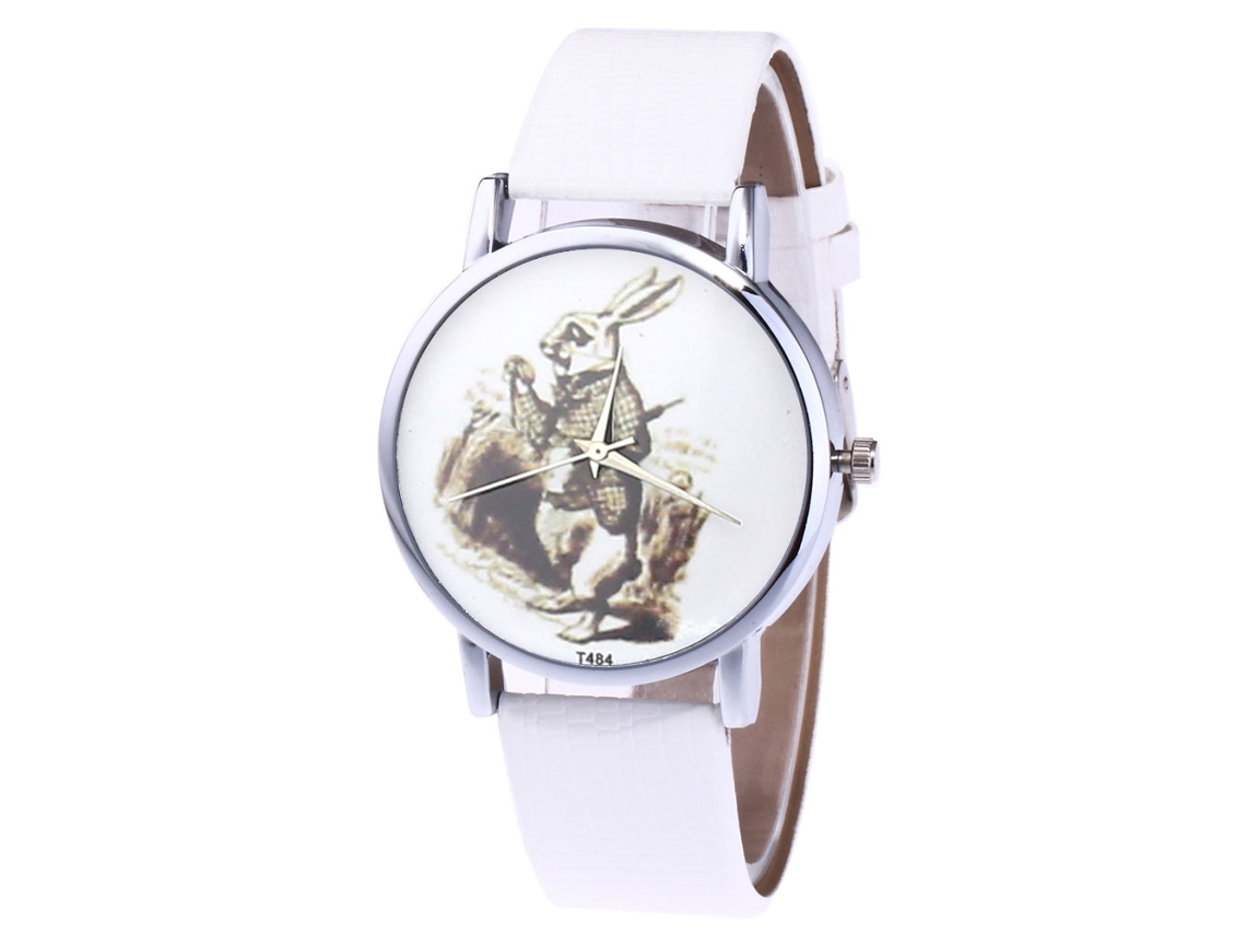 Relógio de quartzo unissex para homens e mulheres com pulseira casual de couro PU branco.