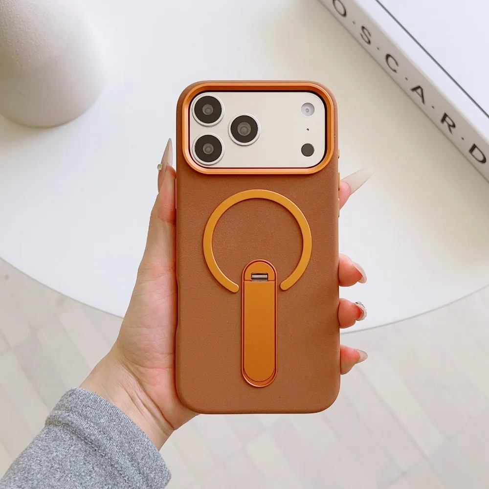 (marrom, Iphone 17 Pro Max) Capa De Luxo Com Carregamento Magnético E Textura elephant-grain, Com Suporte De Metal Antichoque