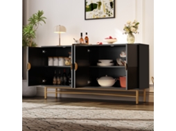 Aparador 160 X 40 X 82 Cm - Com Textura Em Relevo, 4 Portas, Puxadores Dourados Escovados E Pés De Alto Brilho - Preto