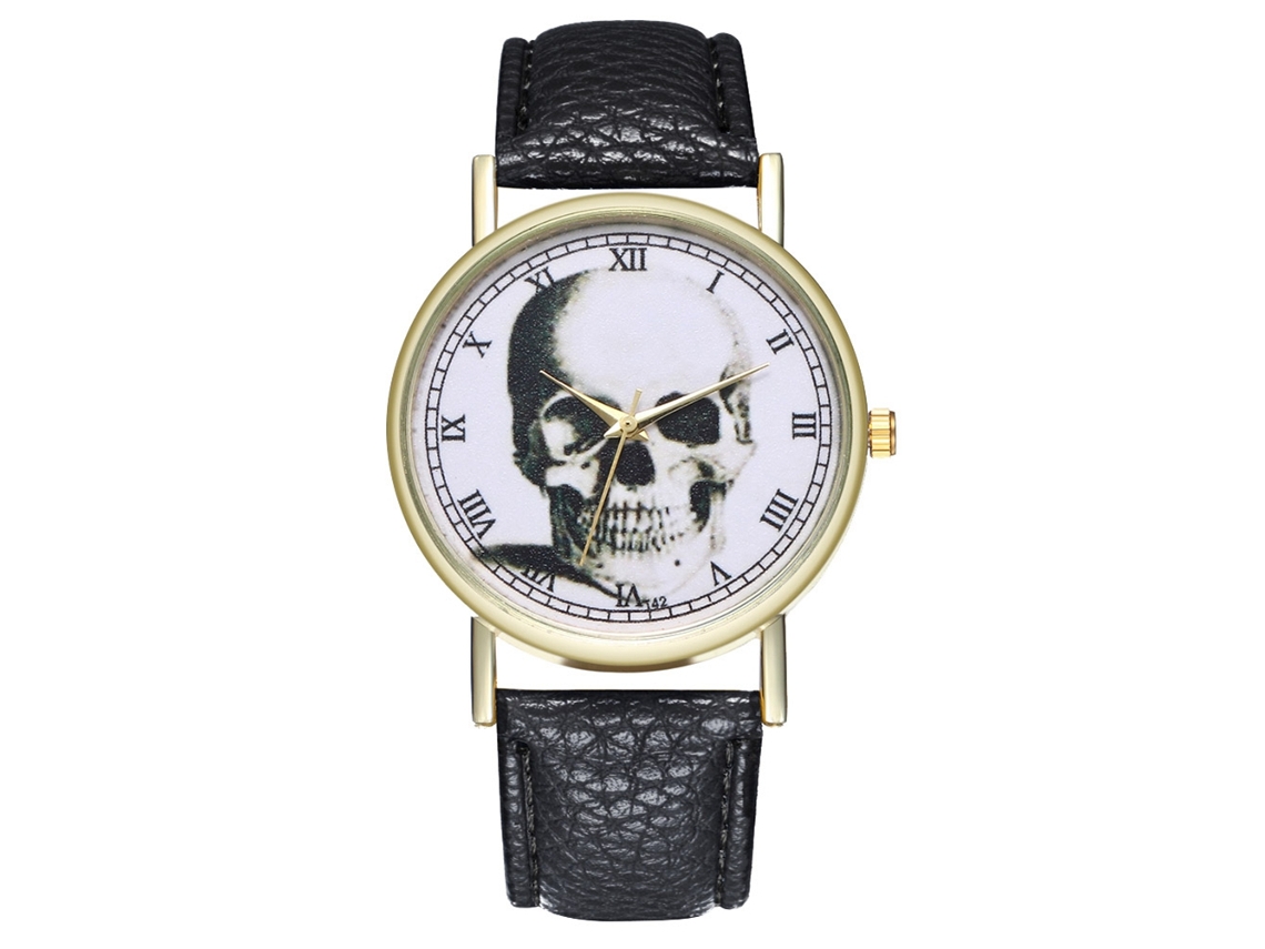 Reloj De Muñeca Casual De Cuero Pu Con Calavera Y Números Romanos Negro