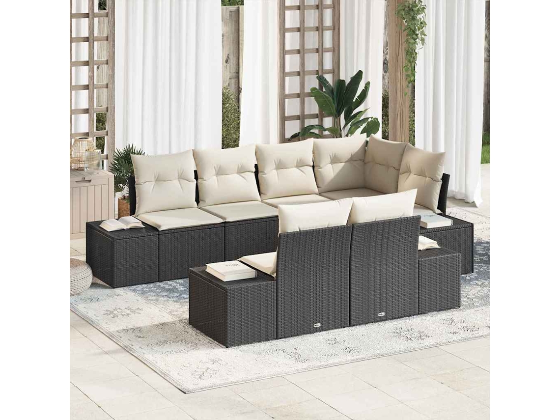 Vidaxl Conjunto De Sofá De Jardim 7 Unid. Preto E Creme Vime Pe