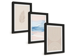 Composição De Quadros Folhas, Ondas, Bege E Azul Espelharte (3 Peças 20x30 Cm)