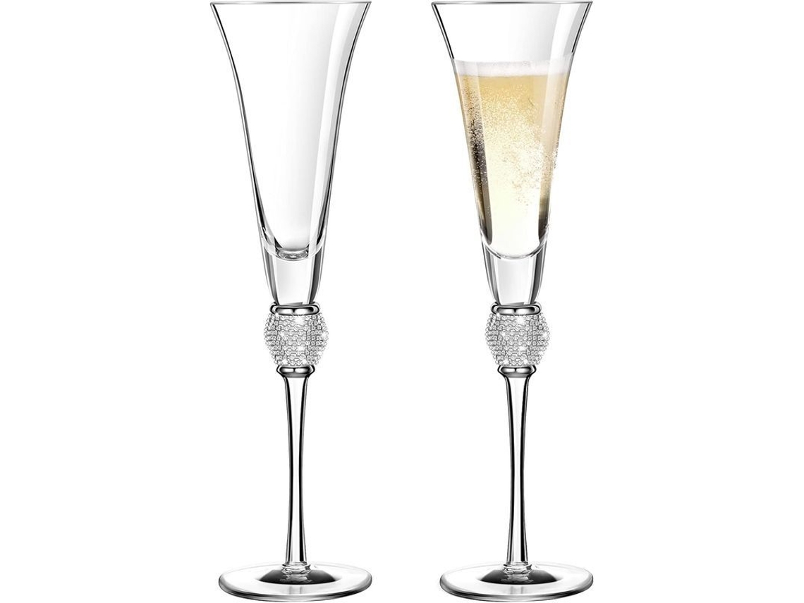 Vasos De Champán Con Piedras Strass Para Bodas Manijas Largas Vidrio Sin Plomo Elegantes 2 Piezas