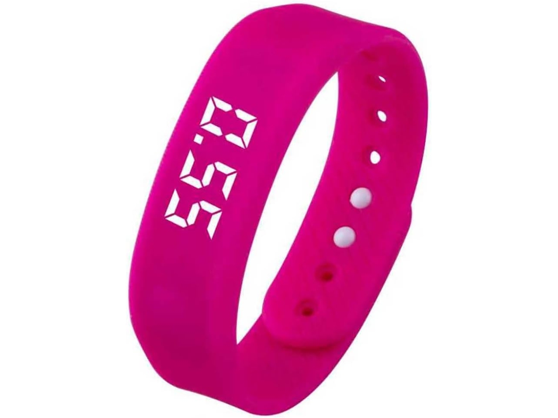 Pulseira com monitor de som, alarme silencioso, contador de passos, reprodutor de música e atualizações meteorológicas.