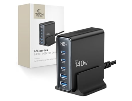 Carregador De Mesa Tech Protect Dc140w Gan Com 5 Portas Pd140w Qc3.0 Para Carregamento