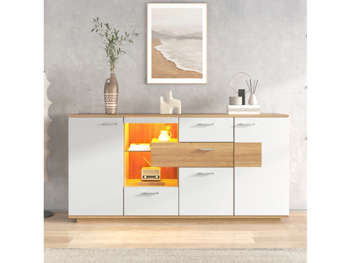 Sideboard Moderno BTFORUS com Led, 2 Portas, 4 Gavetas, Branco (160x40x77 cm)