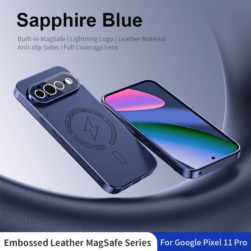 Capa Magnética Para Celular Em Couro Fosco Texturizado (azul) Para Google Pixel 10 Pro Com Carregamento Sem Fio.