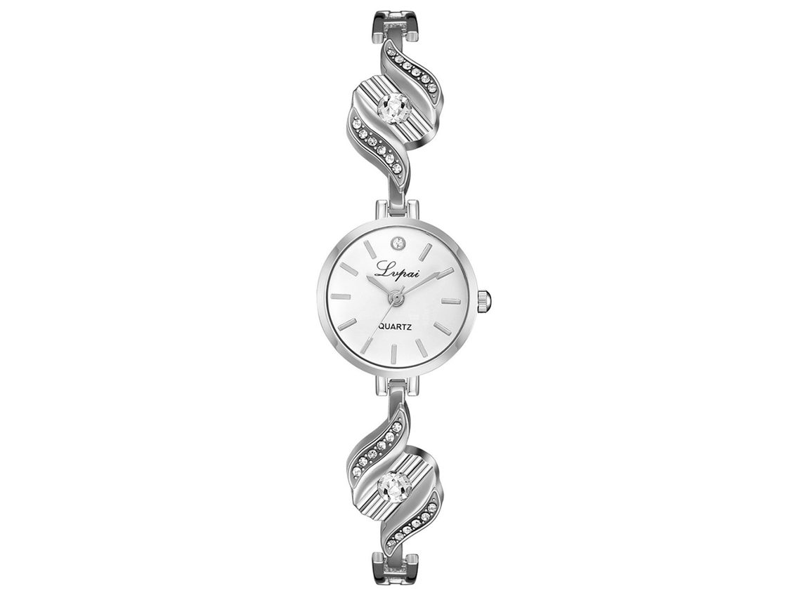 Relógio de Pulso Feminino de Liga com Strass Moda Relógio de Quartzo Prata+branco