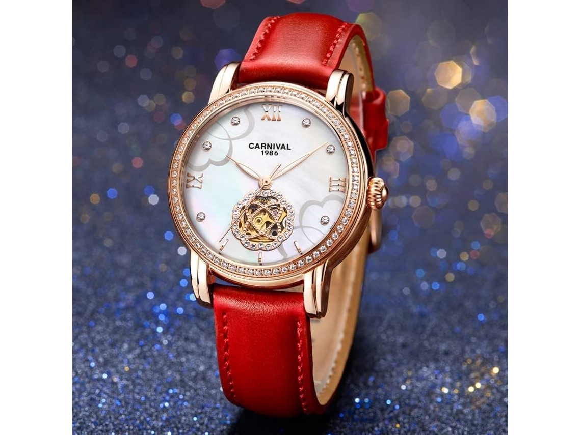 Lurelia Relógio Mecânico Feminino, Automático, Data/calendário, Luminoso, Detalhes Com Strass, Couro, Abs, Prata, Dourado