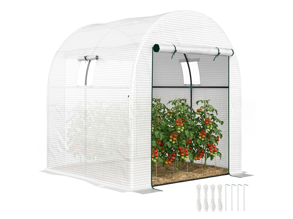 Estufa de túnel para hortas, aço e PE, portas e janelas, 1,8x1,8x2m branco