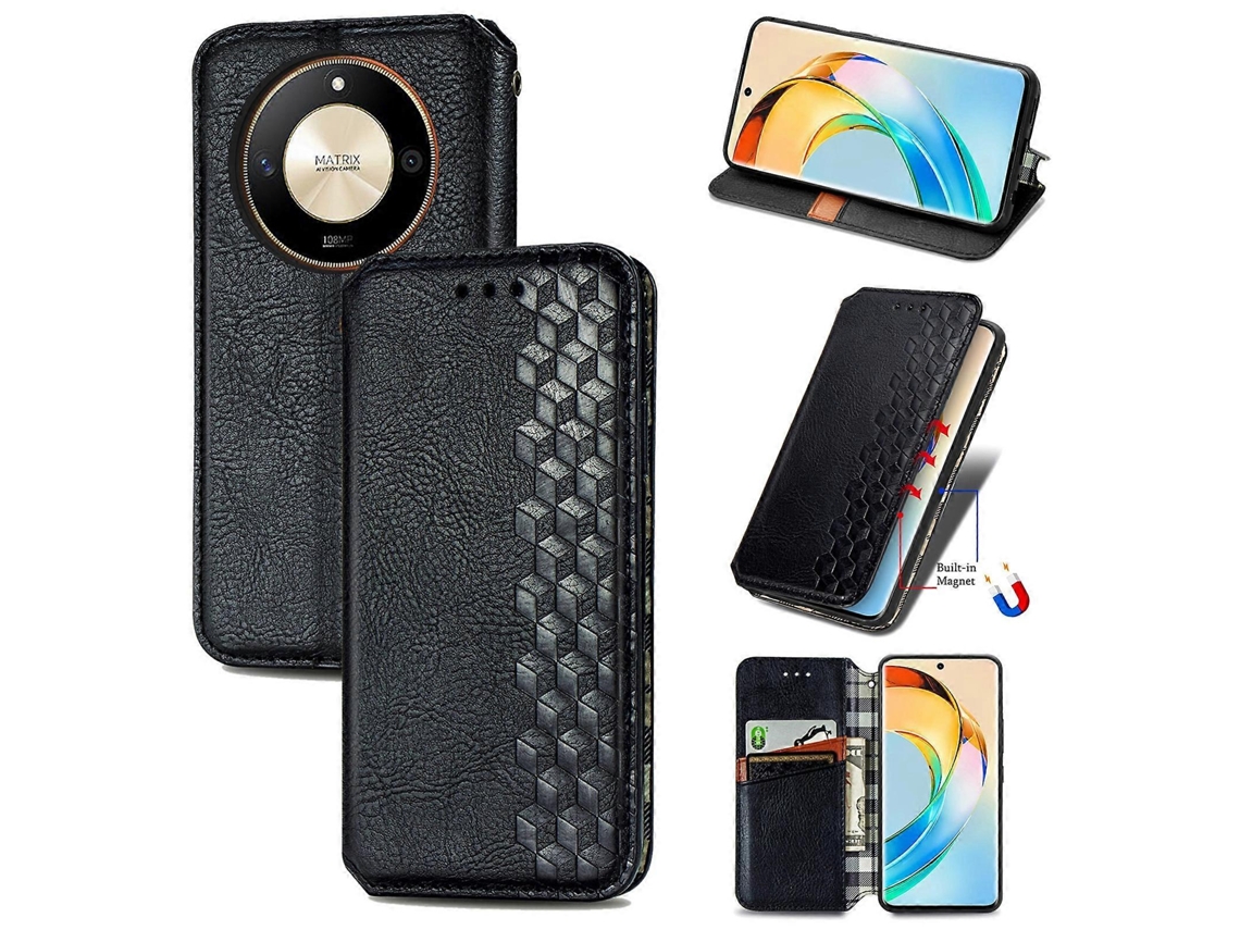 Capa De Celular Em Couro Magnético Com Estampa De Grade Cúbica Para Honor X9b