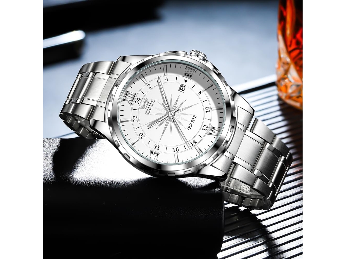 Lurelia Relógio Masculino Calendário, Quartzo, 40×9×18×205 Mm, Aço Inox, Couro, Branco/dourado