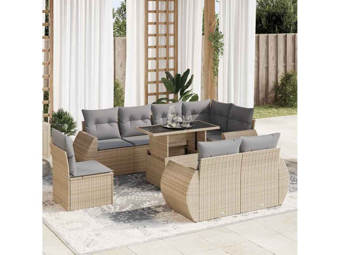 Vidaxl 9 Pcs Conjunto De Sofás P/ Jardim Com Almofadões Vime Pe Bege