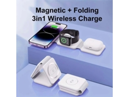 Carregador magnético Semi Fios 3 em 1 branco, design duplo, carregamento rápido de 15 W, compatível com diversos dispositivos, incluindo iPhone e AirPods.