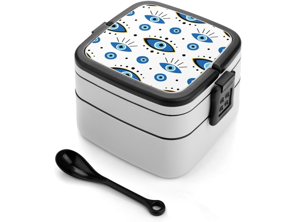 Marmita Bento De Camada Dupla Evil Eyes, Empilhável, À Prova De Vazamentos, 1000ml, Com Colher, Recipiente Portátil De 2 Níveis