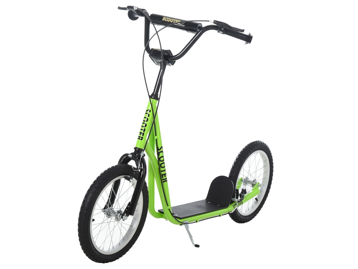 Scooter infantil com pneus grandes, guia ajustável, cabo de freio e cavalete de apoio aço verde S/MARCA