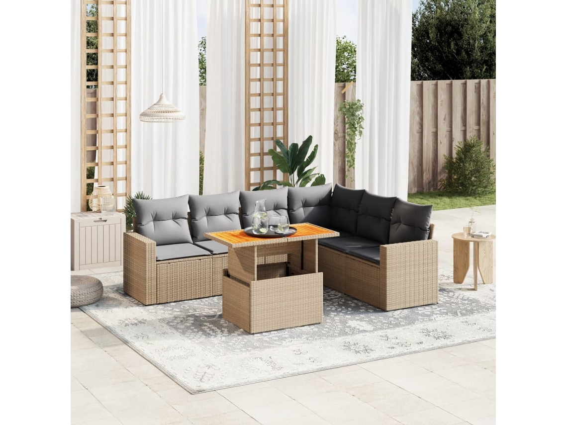 Vidaxl 7 Pcs Conjunto De Sofás P/ Jardim Com Almofadões Vime Pe Bege