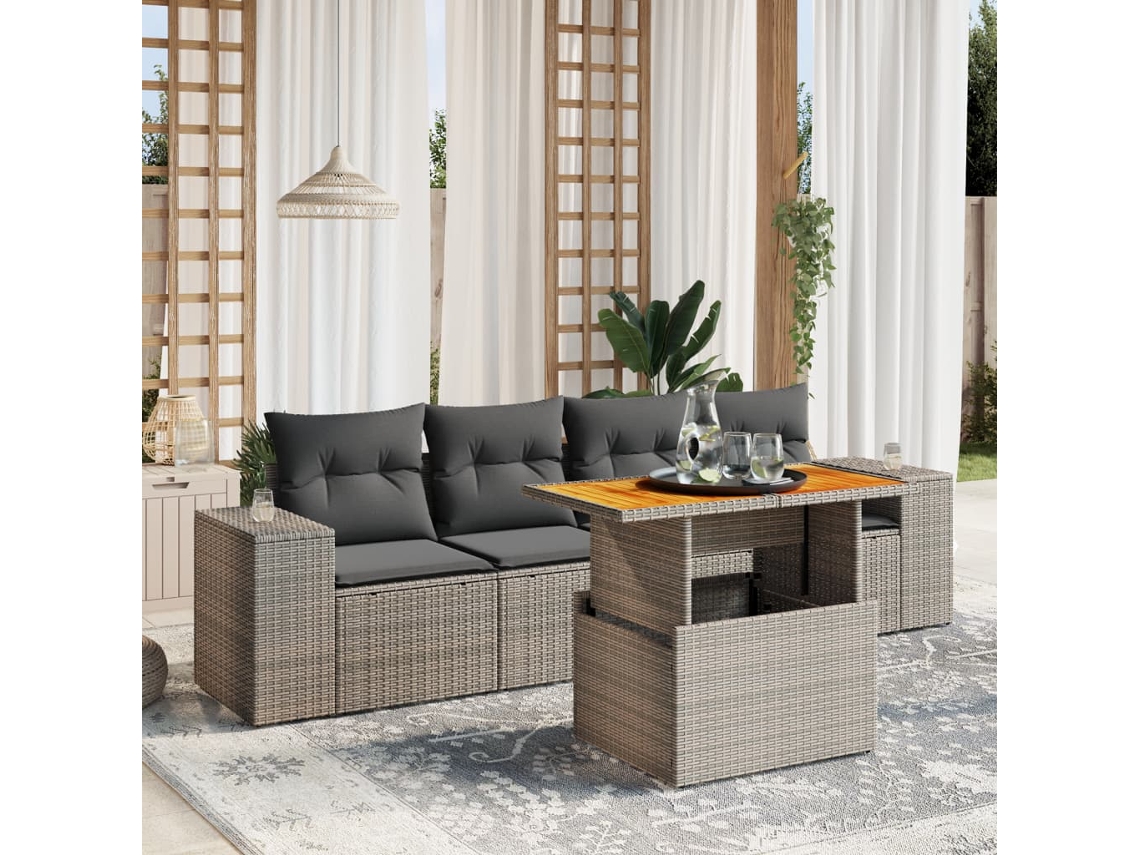Vidaxl 5 Pcs Conjunto Sofás De Jardim C/ Almofadões Vime Pe Cinzento