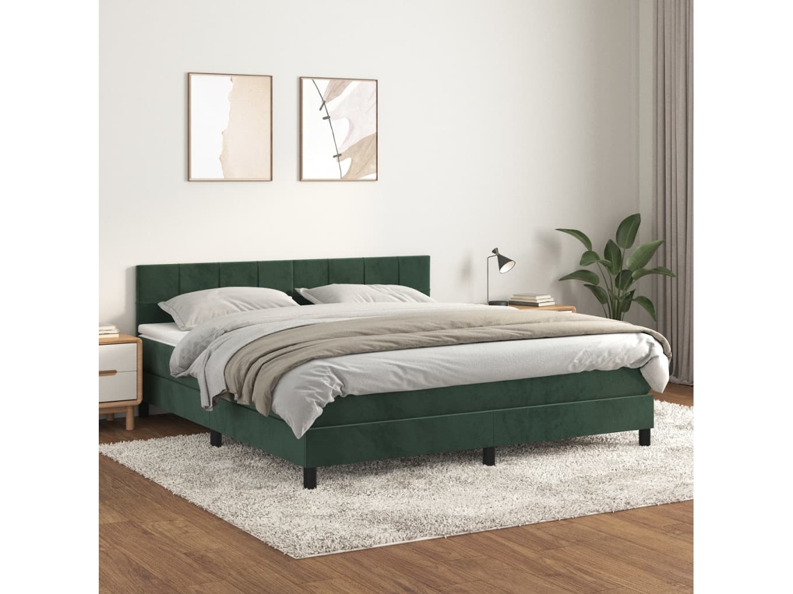 Cama Com Molas/colchão 160x200 Cm Veludo Verde-escuro
