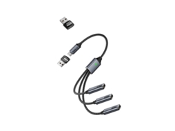 Cabo Splitter Type-c 3-portas — Cabo Trançado De Liga De Alumínio Usb-c Para Type-c Fêmea + 2x Usb-a, Cinzento, 18cm