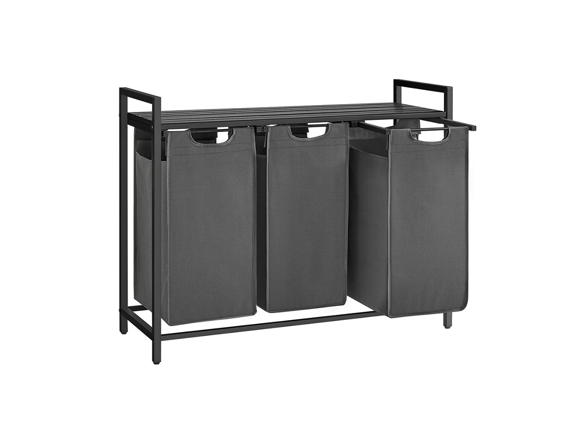 Cesto De Roupa Suja Com 3 Compartimentos E Prateleira, Preto/cinza, Para Organizar E Guardar Roupa Suja De Forma Prática