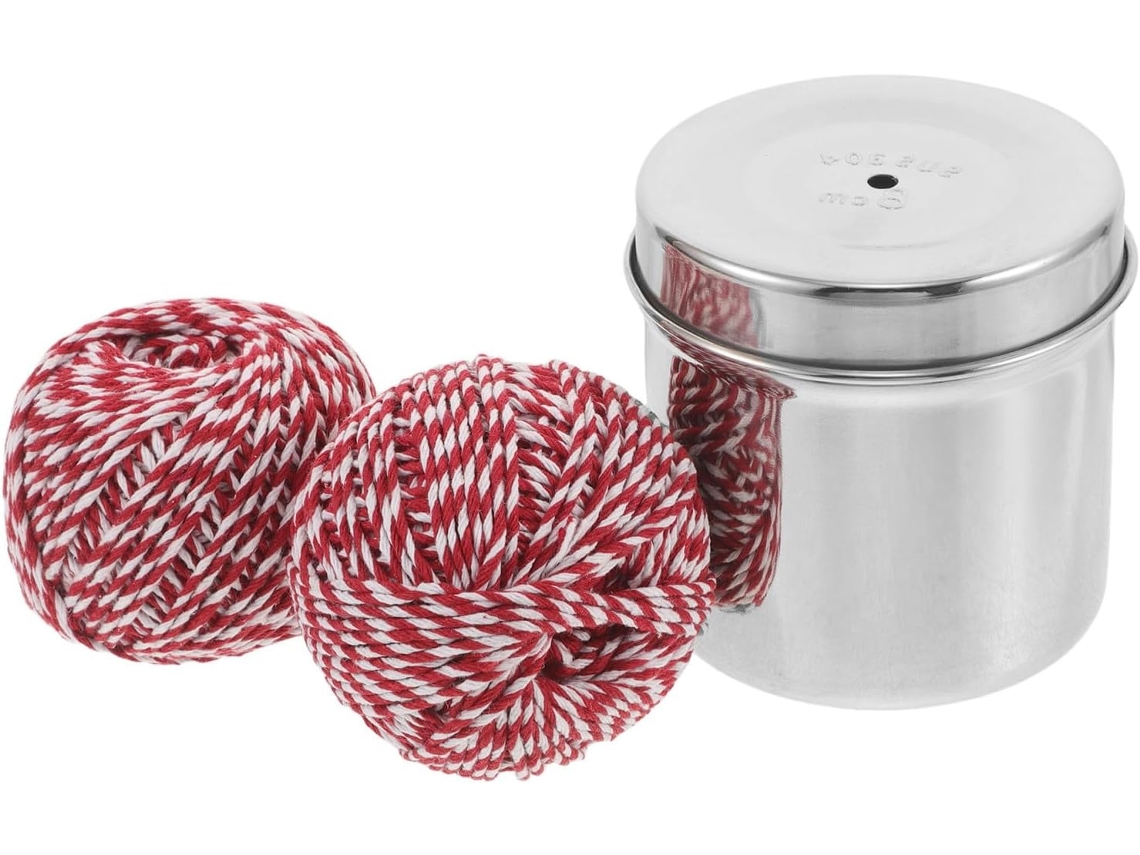 Barbante de algodão natural com caixa de metal em aço inoxidável para cozinha, design com puxador central, ideal para