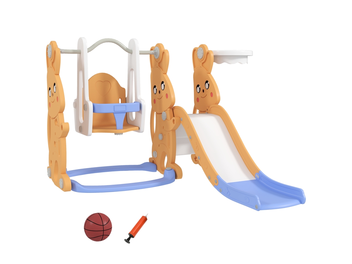 Escorrega Infantil 4 em 1 Baloiço e Escorrega Escalador Tabela de Basquetebol Temática de Coelho 147,5x160x107 Cm Laranja