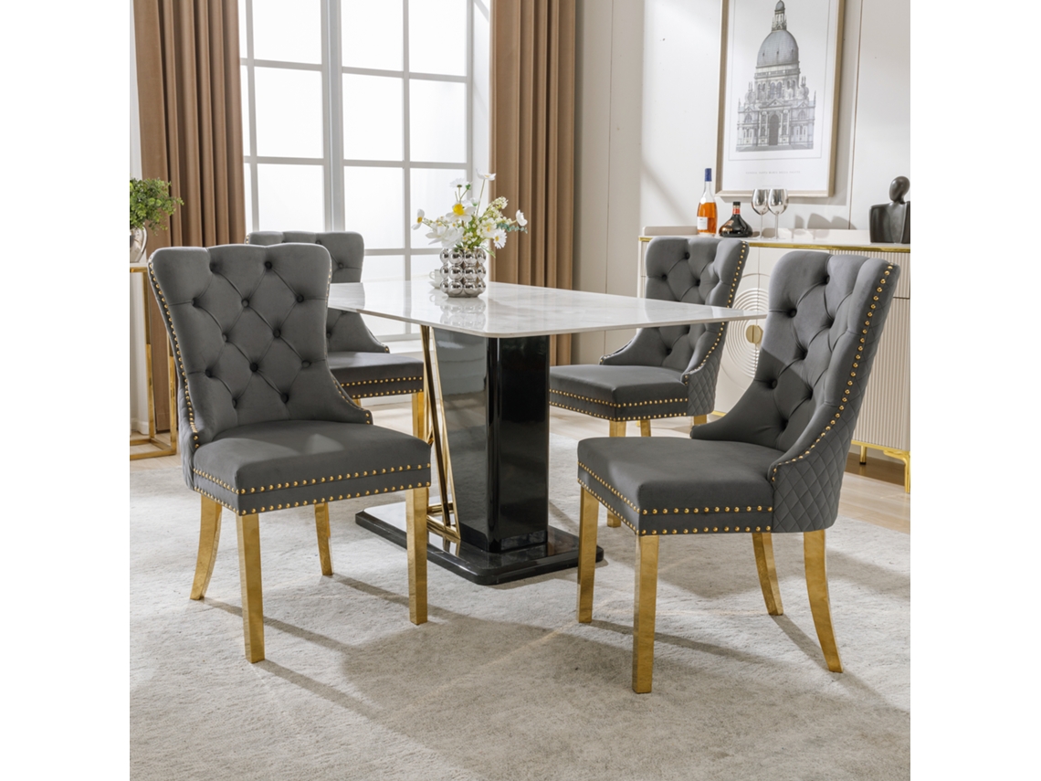 Conjunto 4 Cadeiras Jantar Puxadores Redondos Veludo Cinza Dourado